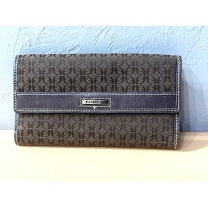 Fossil‎ Tri-Fold Brown Canvas Signature Logo Black Leather Trim Checkbook Wallet
